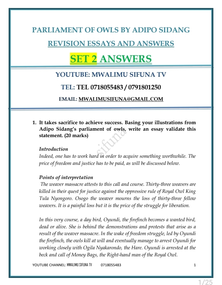 Parliament of Owls essays answers set 2