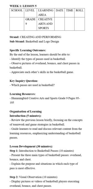 Grade 9 Rationalized Creative Arts and Sports Lesson Plans Term 3