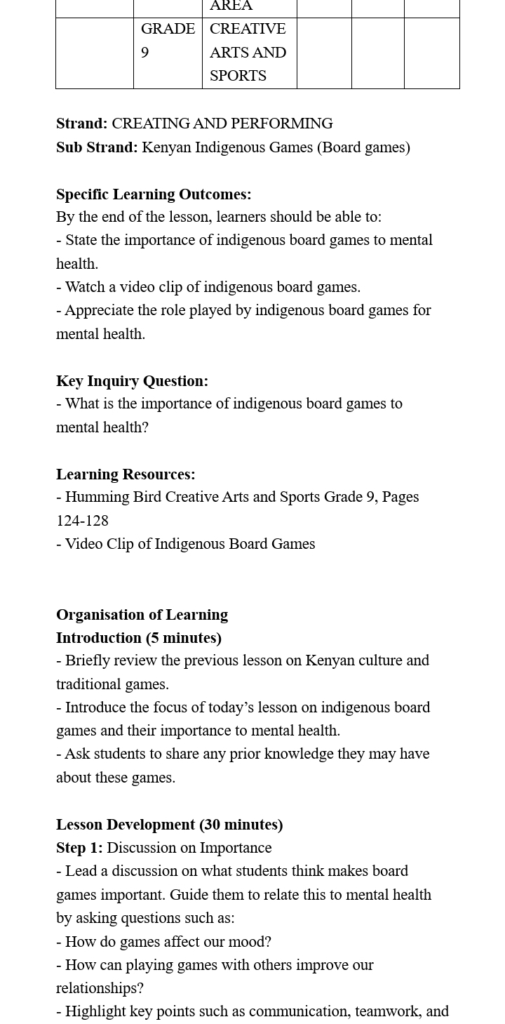 Grade 9 Rationalized Creative Arts and Sports Lesson Plans Term 3 - Image 2