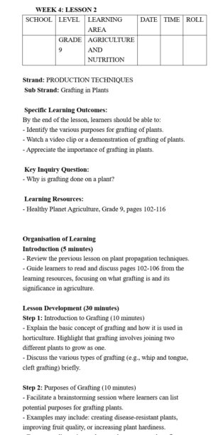 Grade 9 Rationalized Agriculture and Nutrition Lesson Plans Term 3