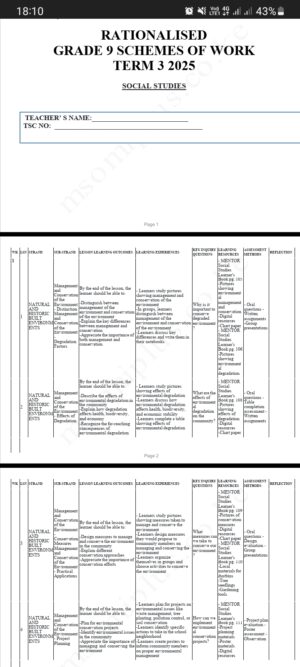 Social studies Grade 9 term 3 Schemes of work 2025