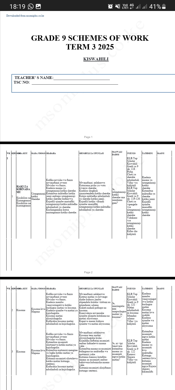 kiswahili Grade 9 term 3 Schemes 2025 - Image 4