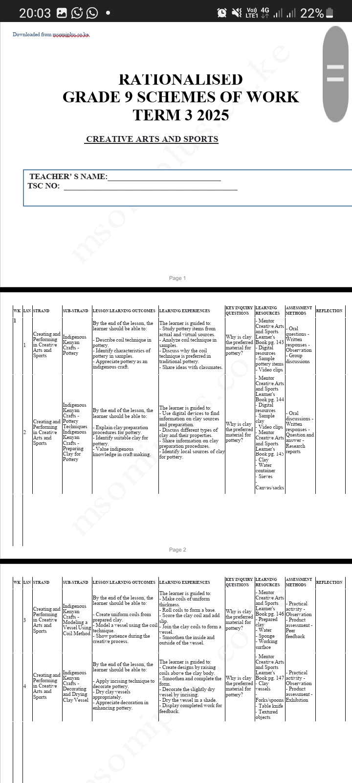 creative arts and sports Grade 9 term 3 Schemes 2025 - Image 4