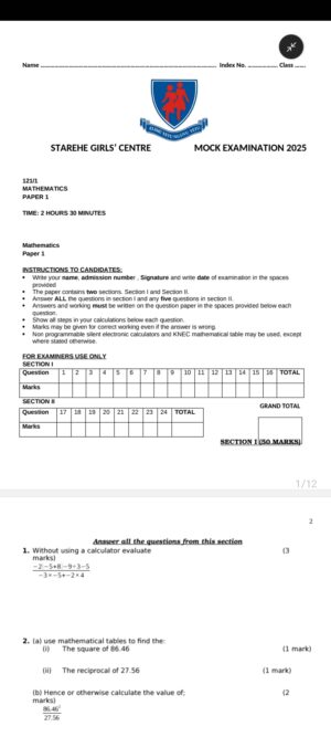 STAREHE GIRLS MOCK EXAMS 2025
