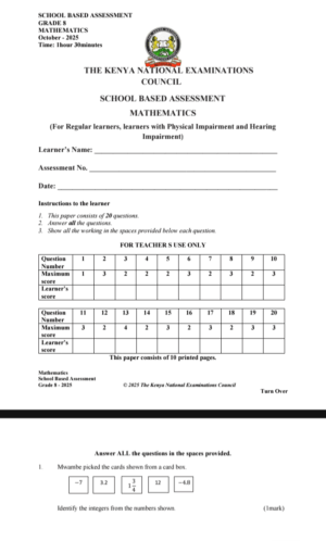 KNEC SCHOOL BASED ASSESSMENT GRADE 8 EXAMS 2025 WITH ANSWERS