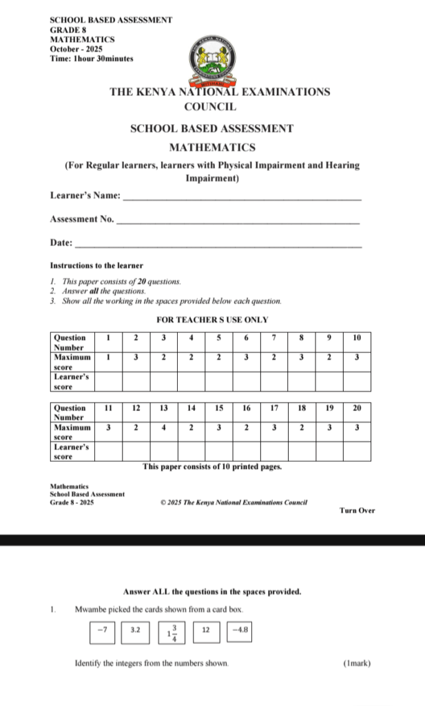 KNEC SCHOOL BASED ASSESSMENT GRADE 8 EXAMS 2025 WITH ANSWERS