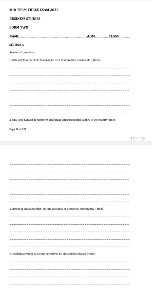 Form 2 mid term 3 2025 exams