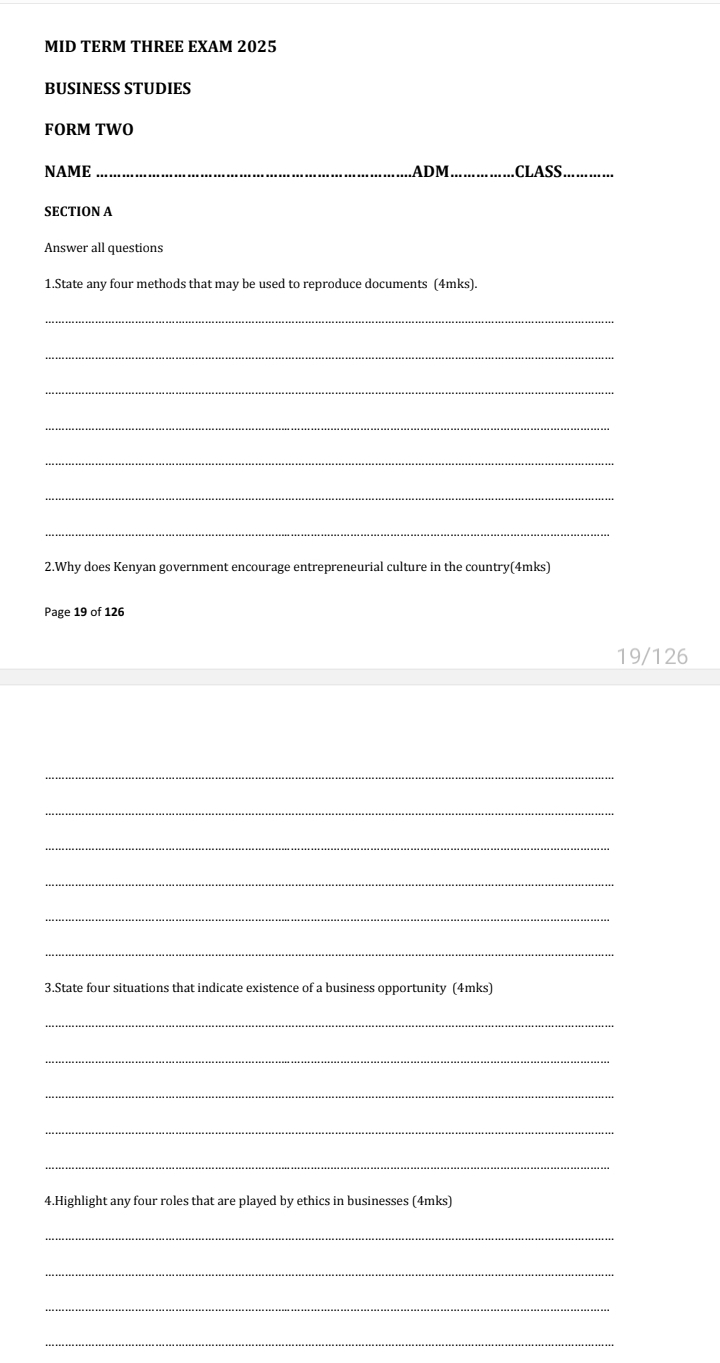 Form 2 mid term 3 2025 exams
