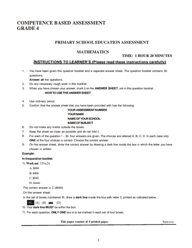 Grade 4 End term 3 exams 2025