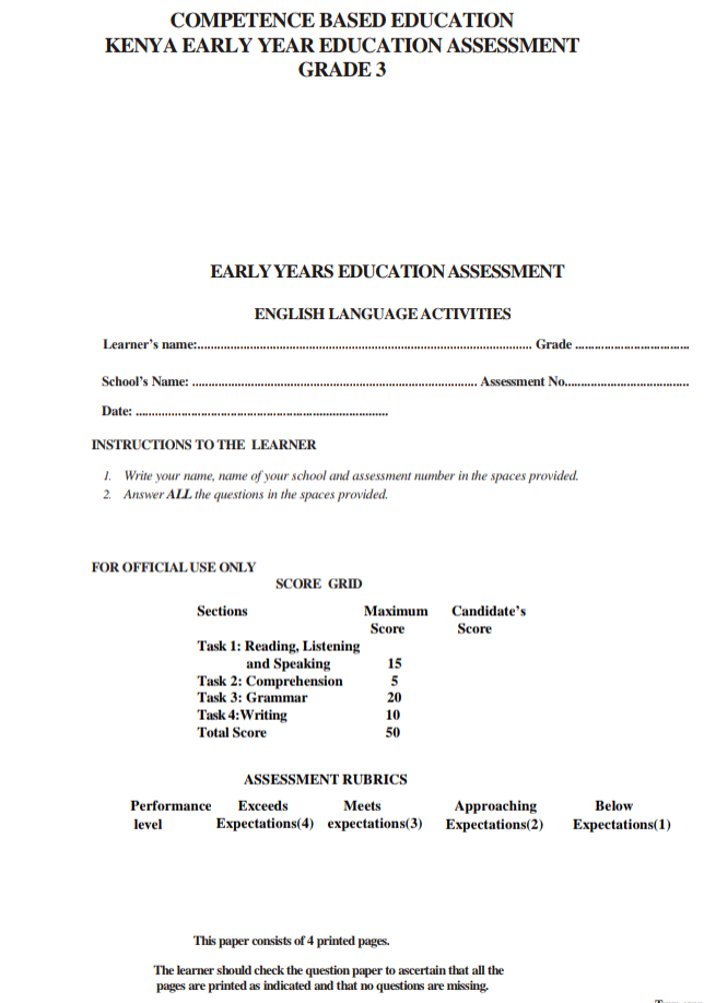 Grade 3 End term 3 exams 2025