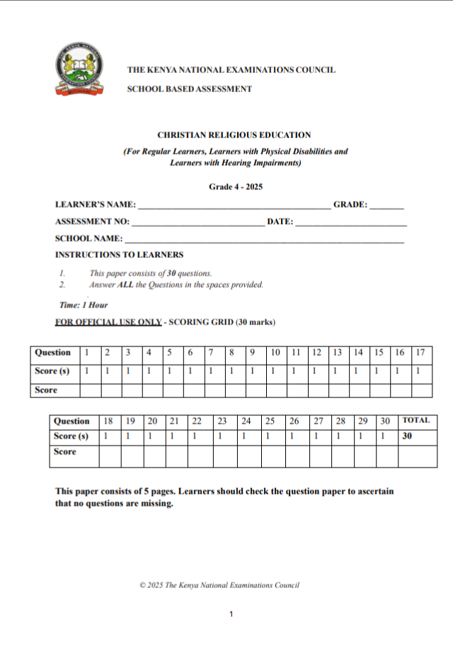 KNEC GRADE 4 SBA EXAMS 2025