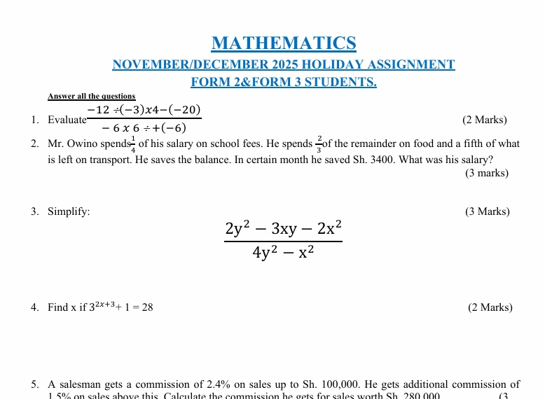 MATHEMATICS FORM TWO NOV/DEC REVISION/ASSISGNMENT