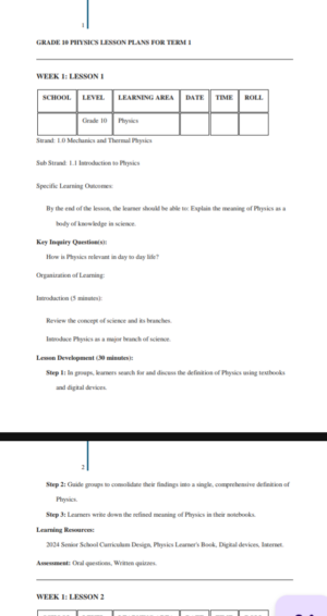 Physics Grade 10 lesson plan term 1