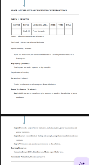 Power Mechanics Grade 10 lesson plan term 1