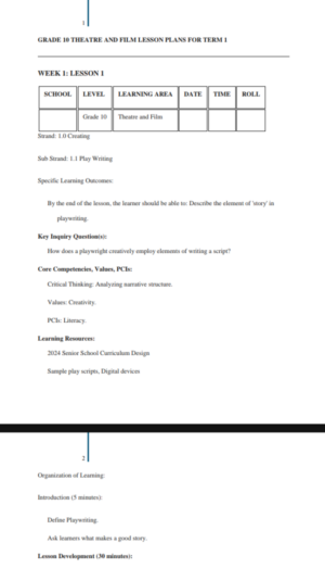 Theater arts Grade 10 lesson plan term 1