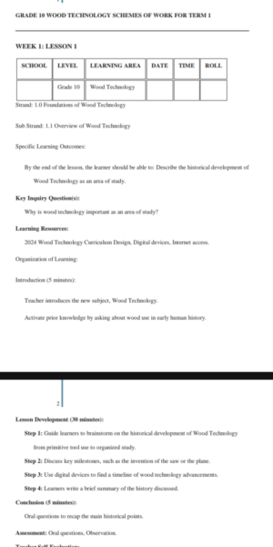 Wood Technology Grade 10 lesson plan term 1