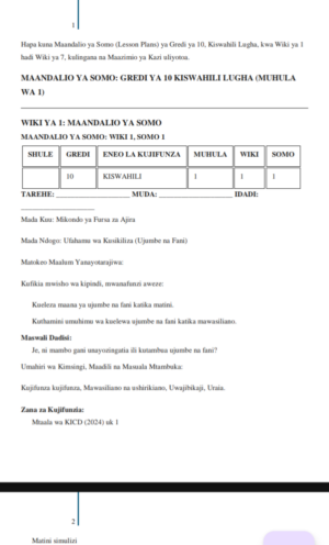 Kiswahili lugha Grade 10 lesson plan term 1