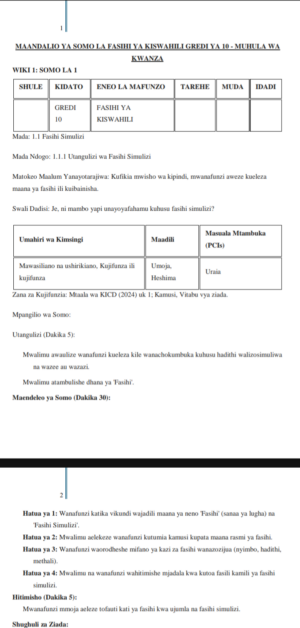 Kiswahili fasihi Grade 10 lesson plan term 1