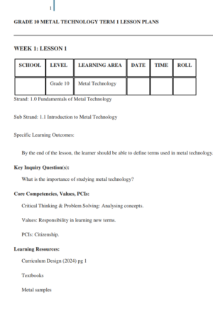 Metal technology Grade 10 lesson plan term 1