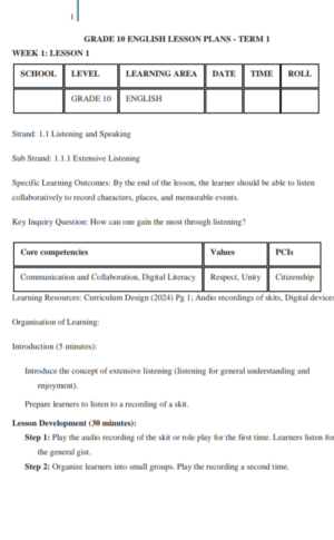 English language Grade 10 lesson plan term 1