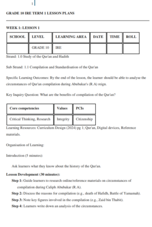 Islamic religious education Grade 10 lesson plan term 1