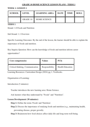 Home science Grade 10 lesson plan term 1