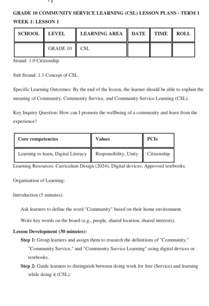Community service learning Grade 10 lesson plan term 1
