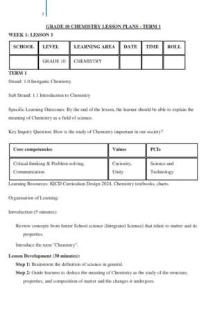 Chemistry Grade 10 lesson plan term 1
