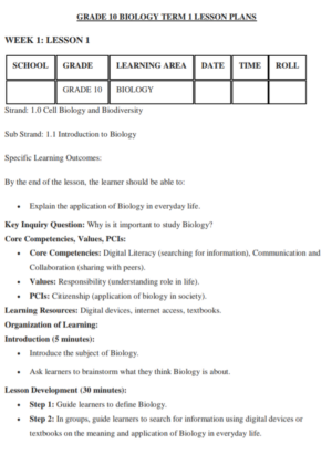 Biology Grade 10 lesson plan term 1