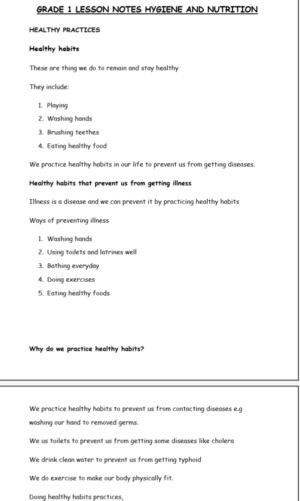 Hygiene and Nutrition Grade 1 CBC Notes