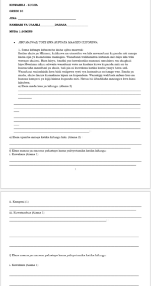 Grade 10 kiswahili lugha Exam Term 1 2026