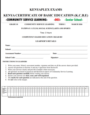 Grade 10 Community Service Learning end term 1 2026 exams