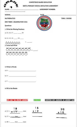Grade 1 end term 1 exams 2026
