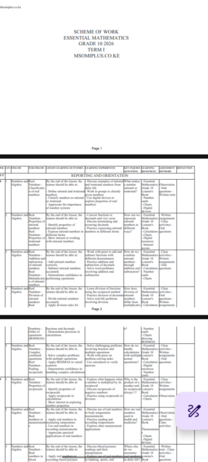 Grade 10 essential mathematics schemes of work term 1