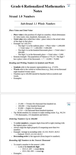 Mathematics Grade 6 CBC rationalized Notes