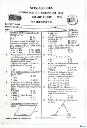 Stega 002 Grade 8 2026 exam with marking schemes