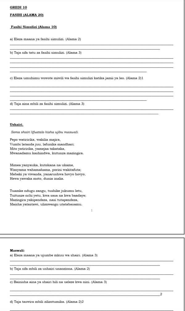 Fasihi grade 10 exams term 1 2026