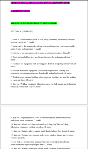 Grade 10 Metal Technology Topical revision Booklet with Answers
