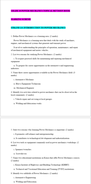Grade 10 power mechanics Topical revision Booklet with Answers