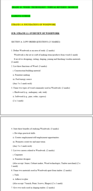 Grade 10 wood Technology Topical revision Booklet with Answers