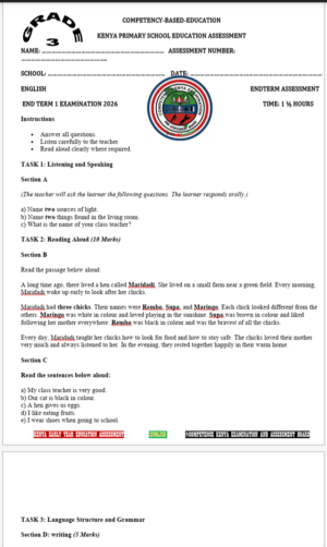 Grade 3 end term 1 exams 2026