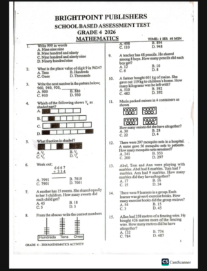 Grade 4 Brightpoint opener term 2 2026 exams