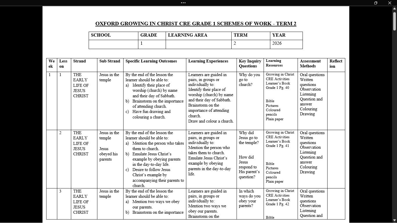 GRADE 1 TERM 2 CRE SCHEMES OF WORK 2026