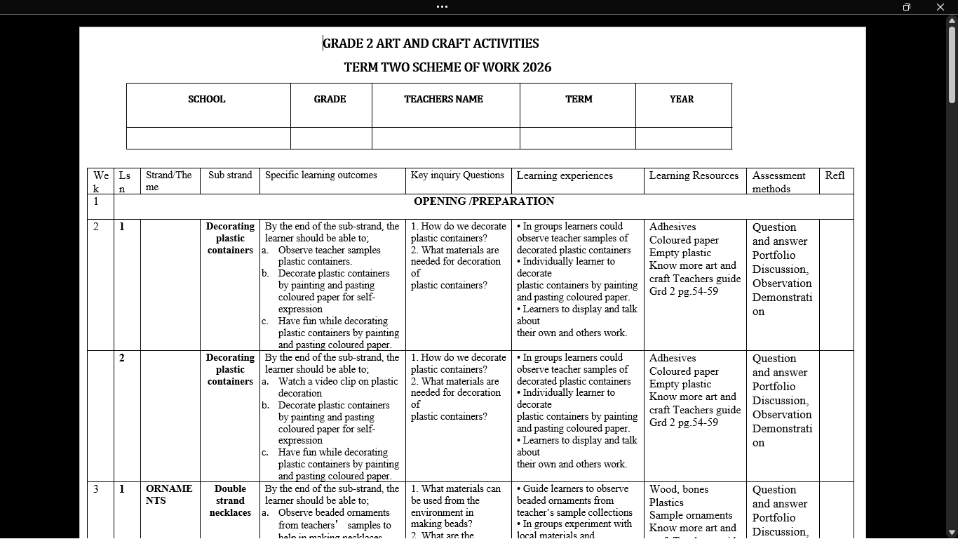 GRADE 2 TERM 2 ART CRAFT SCHEMES OF WORK 2026