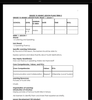 GRADE 10 TERM 2 ARABIC LESSON PLANS