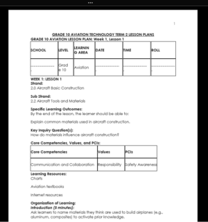 GRADE 10 TERM 2 AVIATION TECHNOLOGY LESSON PLANS