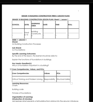 GRADE 10 TERM 2 BUILDING CONSTRUCTION LESSON PLANS