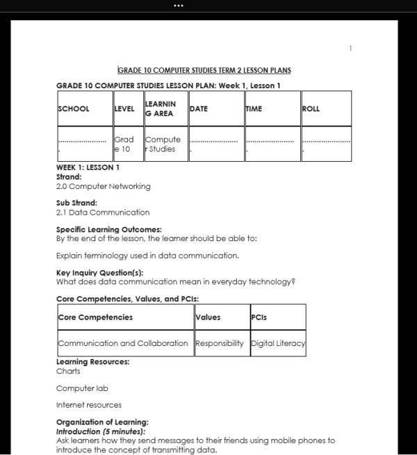 GRADE 10 TERM 2 COMPUTER STUDIES LESSON PLANS