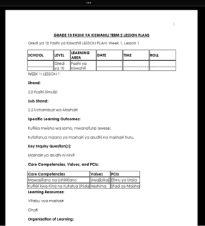 GRADE 10 TERM 2 FASIHI YA KISWAHILI LESSON PLANS