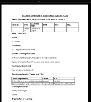 GRADE 10 TERM 2 LITERATURE IN ENGLISH LESSON PLANS